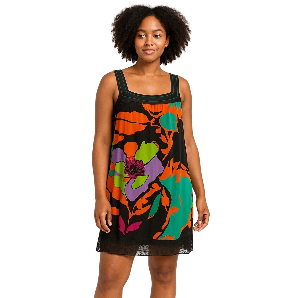 Pixie Floral Shift Dress Colorful Sleeveless Square Neck Sundress Size Small